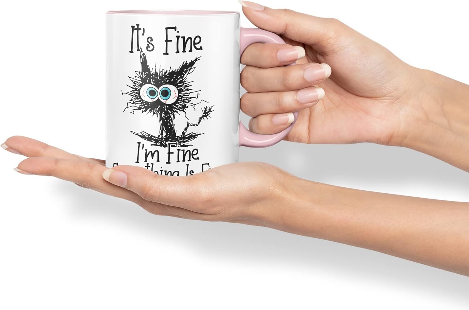 Vixar Its Fine I'm Fine Everything is fine Cat Joke Coloured Mug Cup Gift Birthday Work Office Christmas Tea Coffee (Pink)