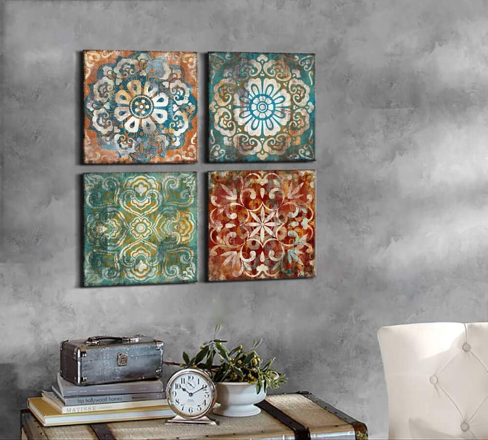 Mofutinpo Wall Art Vintage Flowers Pattern Canvas Prints Pictures for Bedroom Wall Decor 14x14 inches 4 Pieces Artwork Ready to Hang for Home Bathroom Kitchen Office Decoration