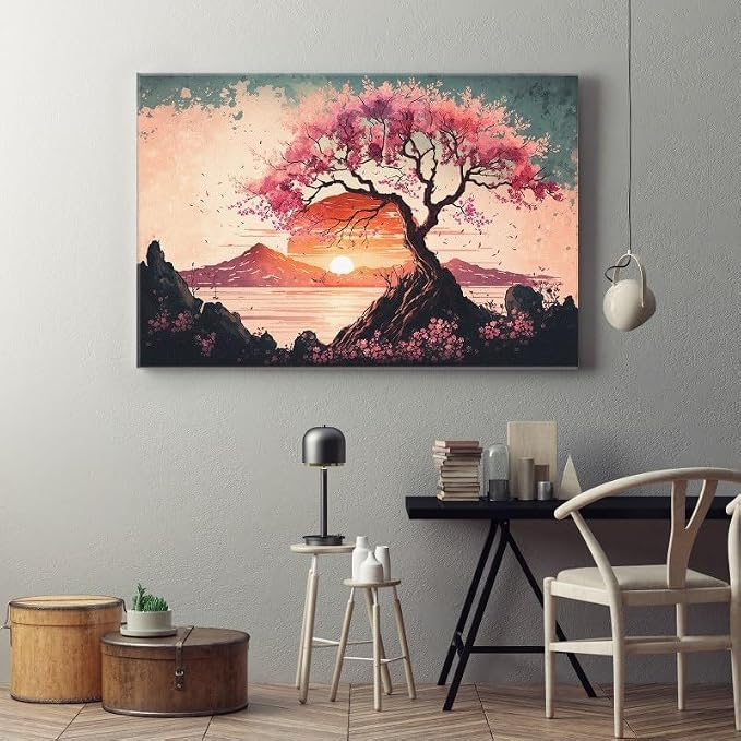 Artistic landscape with cherry blossoms at sunset, painted in vintage watercolor, 60 x 40 cm, beige