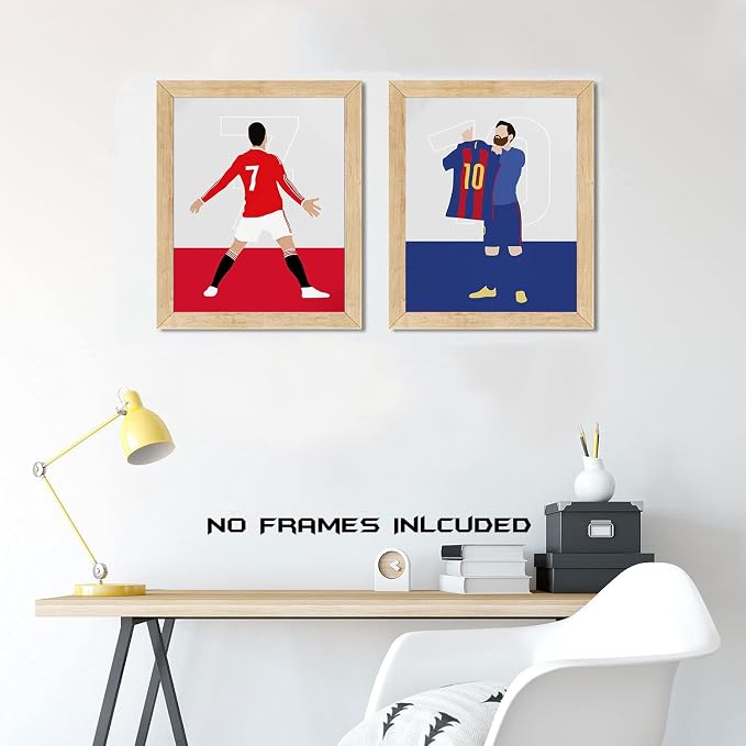 Soccer Star Wall Art Posters, Cristiano Ronaldo and Lionel Messi Posters, Motivational Football Superstar Canvas Wall Art Prints for Boys Room Gym Office Man Cave Decor, Set of 6-(8"x10" Unframed)