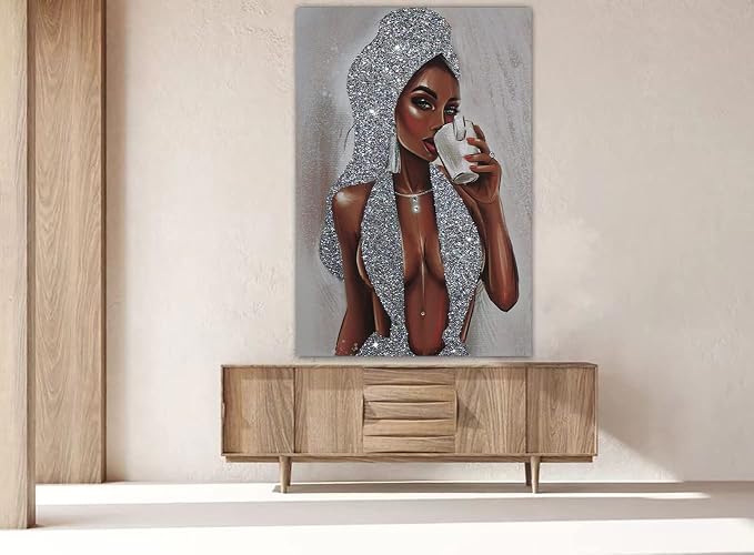 BKO African American Women Canvas Wall Art Decor,Women's Popular Canvas Painting,Black Woman Silver Glitter Textured Canvas Print ,16x24 inch,Unframed.