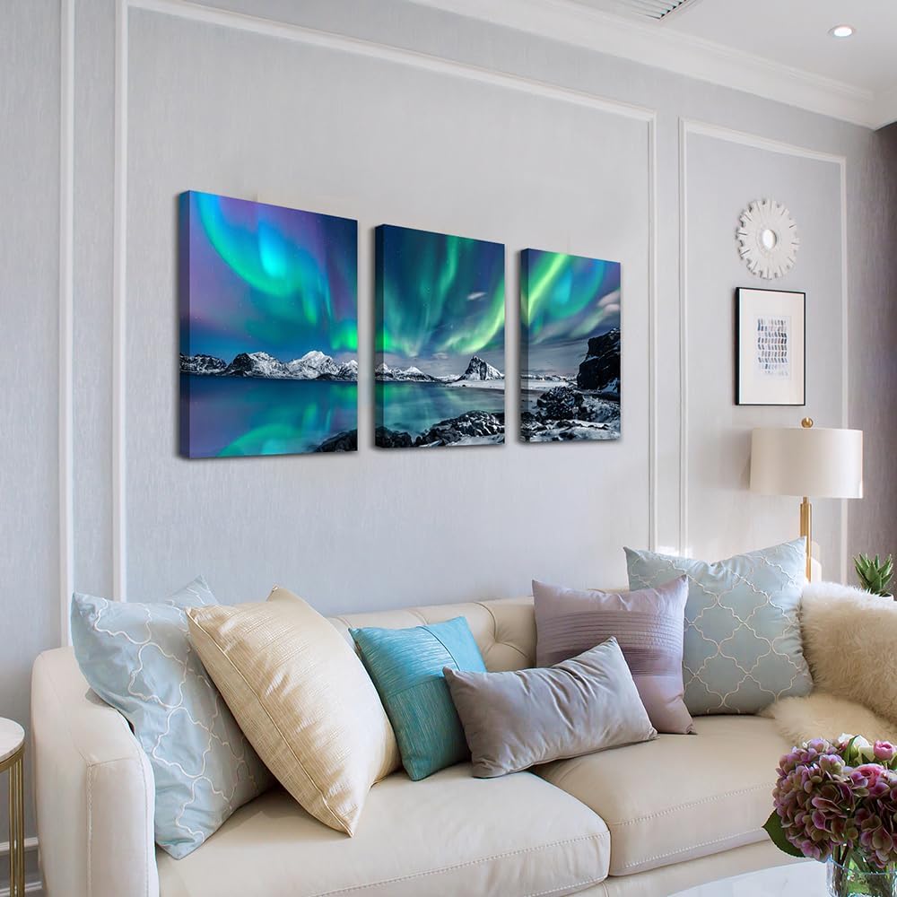 Farmhouse Canvas Wall Art For Bedroom Wall Decorations For Living Room Office Wall Decor Aurora Scenery Painting On Stretched And Framed Wall Pictures 3 Piece Ready To Hang For Bathroom Home Decor