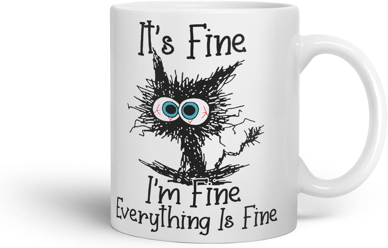 Vixar Its Fine I'm Fine Everything is fine Cat Joke Coloured Mug Cup Gift Birthday Work Office Christmas Tea Coffee (White)