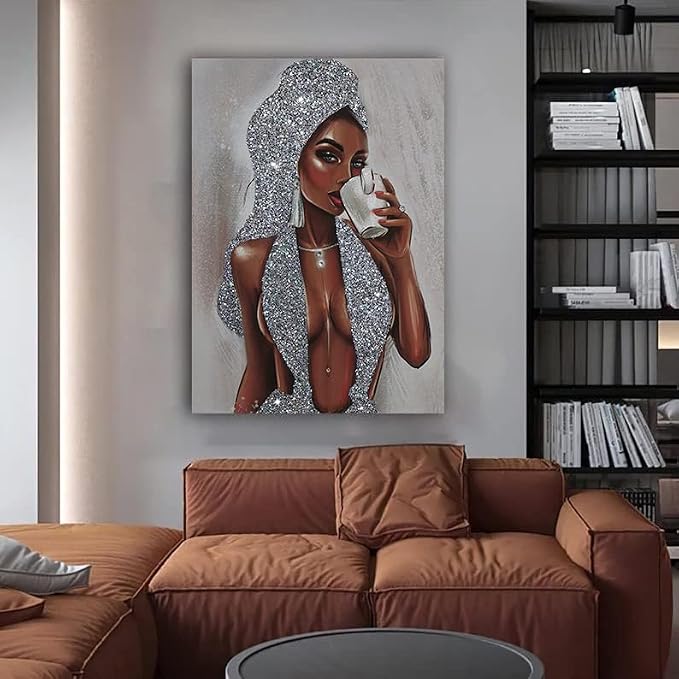 BKO African American Women Canvas Wall Art Decor,Women's Popular Canvas Painting,Black Woman Silver Glitter Textured Canvas Print ,16x24 inch,Unframed.