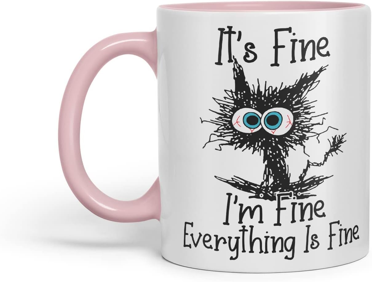 Vixar Its Fine I'm Fine Everything is fine Cat Joke Coloured Mug Cup Gift Birthday Work Office Christmas Tea Coffee (Pink)