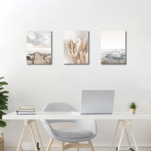 3 Pcs Wooden Framed Canvas Wall Art Coastal Beach Ocean Landscape Canvas Prints Nordic Beige Pampas Grass Pictures for Living Room Bedroom Kitchen Hallway Stairs Wall Decor 90x40cm(12"x16"x3pcs)