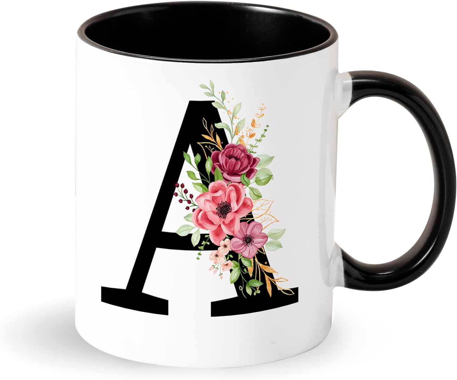 Tarklanda Personalized Initial Mug With Letter and Flowers - 350ML Porcelain Black Coffee Mug - Original Gifts for Women, Birthday and Christmas Presents (A)