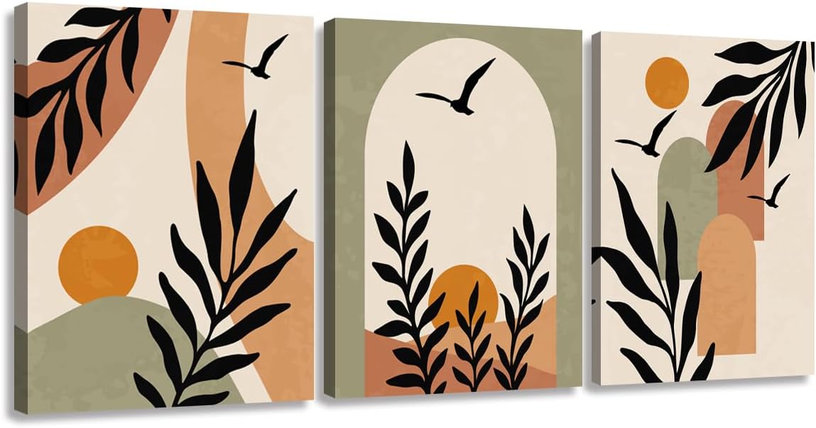 EUROPICART Living Room Wall Art Boho Style Abstract Painting Decoration, Bohemian Warm Canvas Prints Artwork for Modern Home Walls Décor, Set of 3 (12x16)