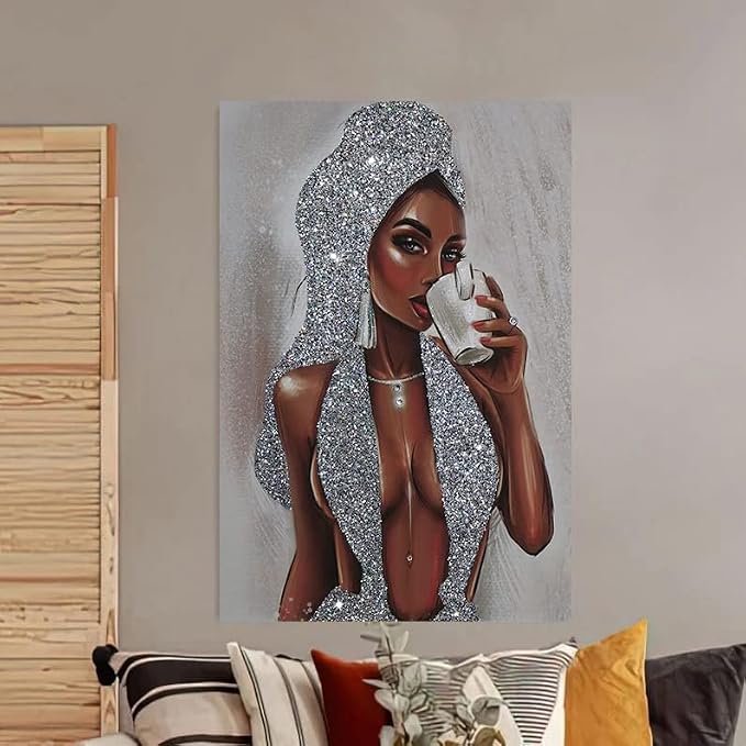 BKO African American Women Canvas Wall Art Decor,Women's Popular Canvas Painting,Black Woman Silver Glitter Textured Canvas Print ,16x24 inch,Unframed.