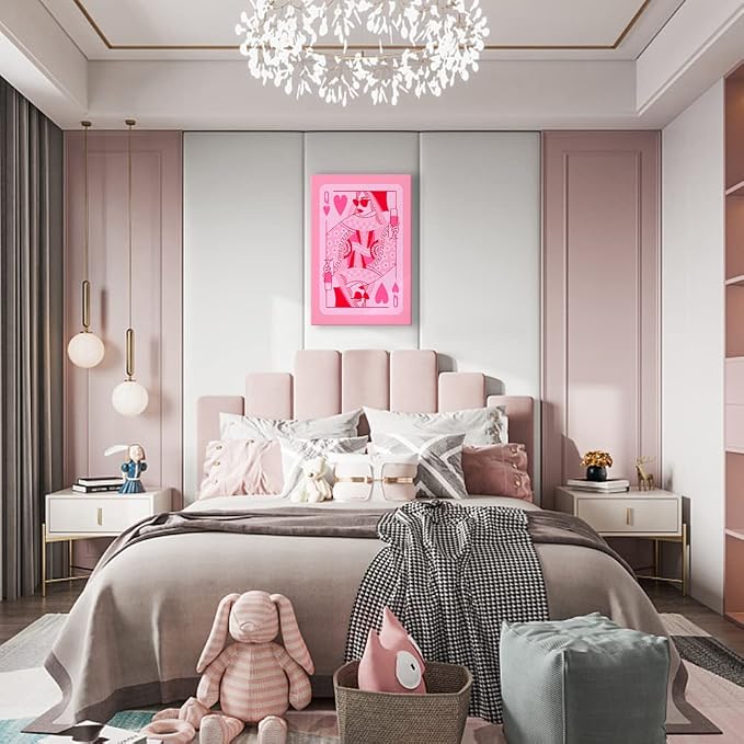 HEMOLAL pink Queen of Hearts poker aesthetic posters funny preppy playing card canvas wall art game room prints painting retro trendy modern wall decor for teen girl bedroom dorm 12x16in unframed