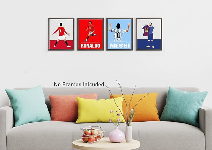 Soccer Star Wall Art Posters, Cristiano Ronaldo and Lionel Messi Posters, Motivational Football Superstar Canvas Wall Art Prints for Boys Room Gym Office Man Cave Decor, Set of 6-(8"x10" Unframed)