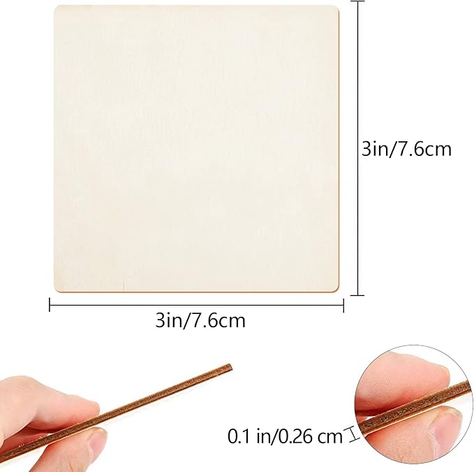 Unfinished Wood Board - 100Pcs 3 x 3in Blank Natural Slices Wood Square for DIY Crafts Painting, Scrabble Tiles, Coasters, Pyrography, Decorations