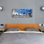 TTHWALLART لوحة فنية جدارية لغرفة المعيشة باللونين الأسود والأبيض، شجرة زرقاء، قمر، ديكور منزلي، لوحة فنية قماشية 12 بوصة × 16 بوصة، 3 قطع مطبوعة لغرفة النوم، صالون حديث، مطبخ، مكتب، لوحة للتعليق