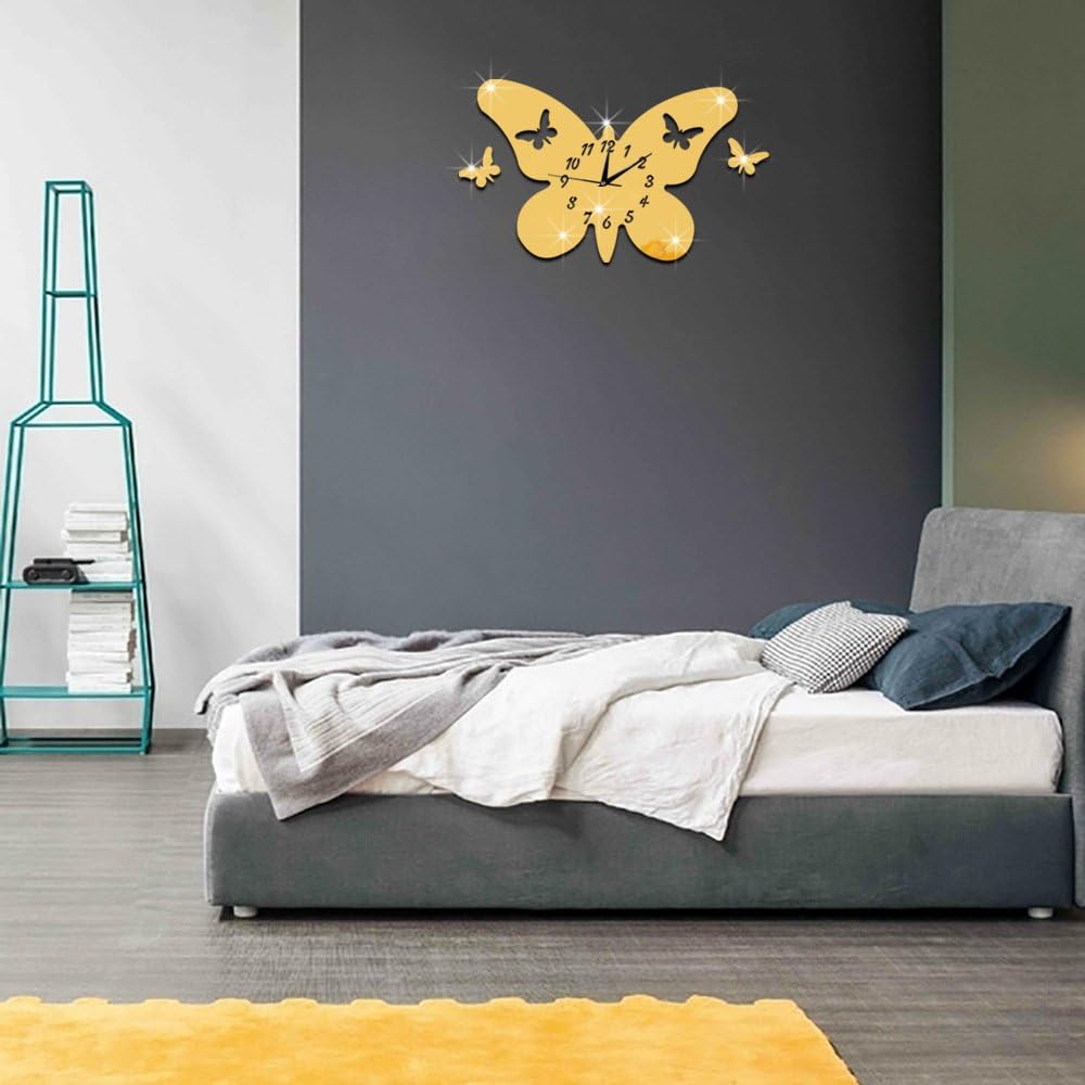 Peculiar Butterfly Shape Frame Creative Wall Clock Removable Mirror Stickers Watch Home living Room Bedroom Decor(Gold)