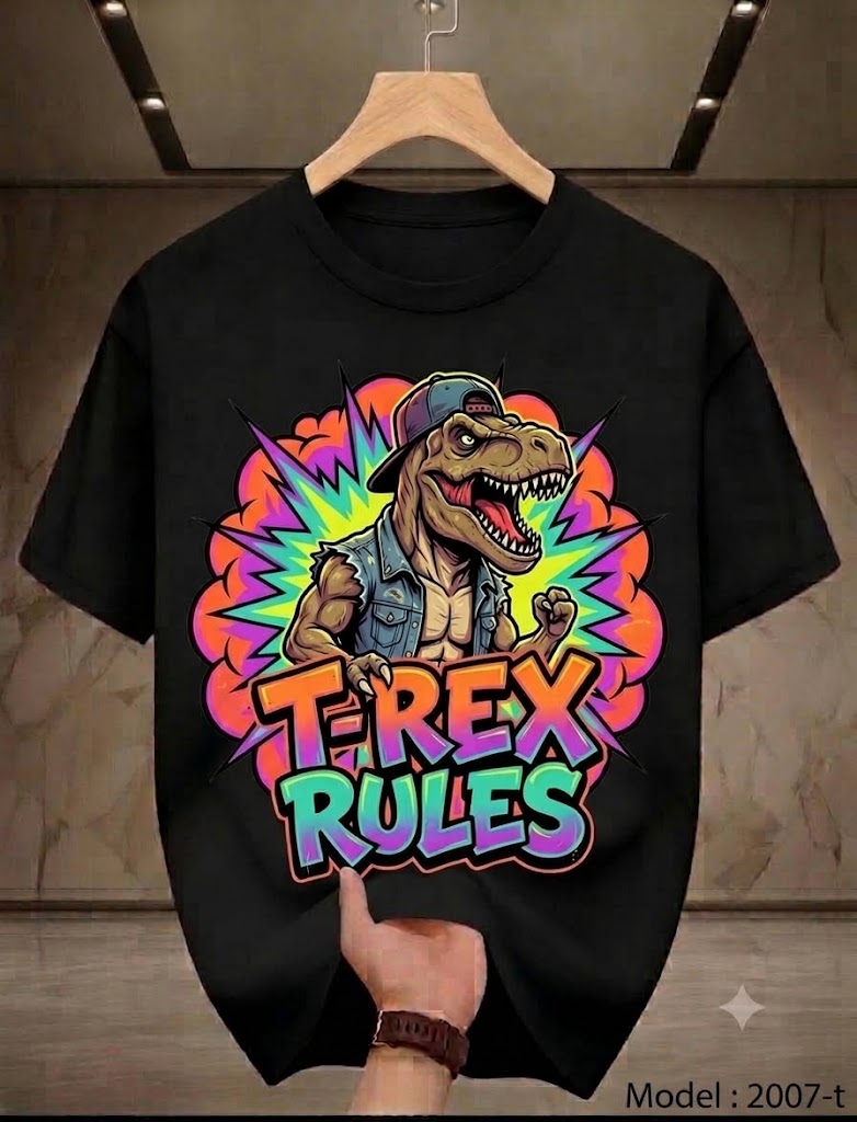 ward T-SHIRT BRAND FAST PRINT - "T-Rex Rules" Retro Dinosaur Graphic Tee 2007