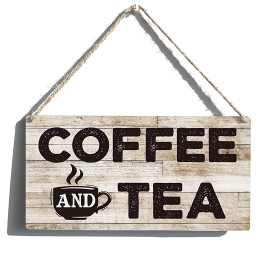 Funny Kitchen Signs Gift Farmhouse Coffee and Tea Wooden Hanging Sign Rustic Wall Art Home Coffee Bar Decoration 12 x 6 Inches