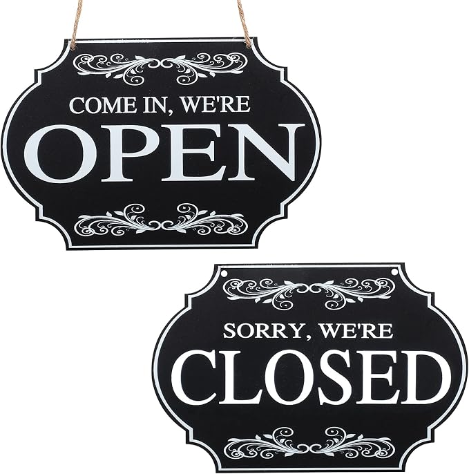 Rustic Wooden Store Open and Closed Business Sign Two Sided Reversible Come In We're Open or Closed Store Hanging Sign for Coffee Bar Shop Door Window, 11.8 x 7.8 Inch (White Boards, Black Words)