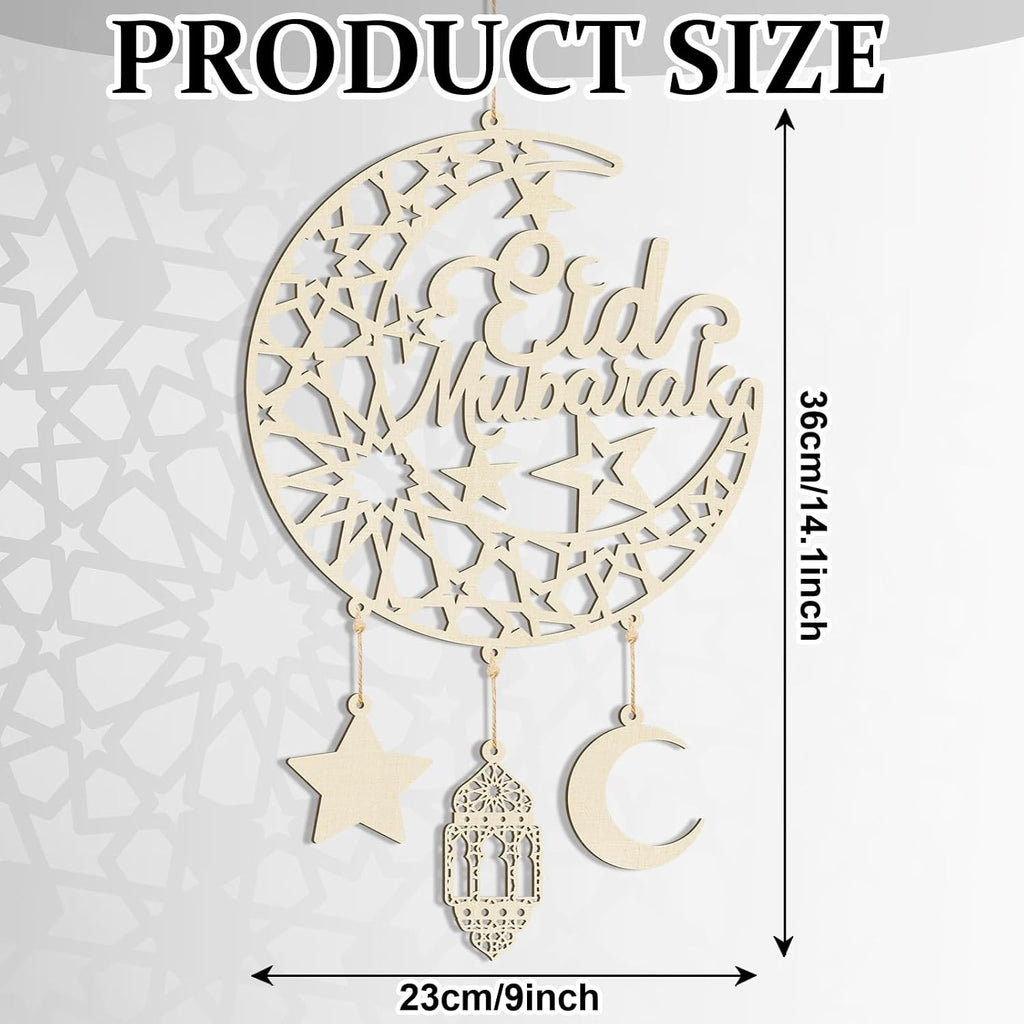 Hinsly 2 Pieces Eid Mubarak Door Sign Wooden Hanging Signs, Ramadan Kareem Hollow Ornament Decorations Moon and Stars, Moon Shape Ramadan Mubarak Party Wood Wall Hanger for Islamic Muslim Home Decor