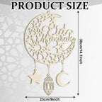 Hinsly 2 Pieces Eid Mubarak Door Sign Wooden Hanging Signs, Ramadan Kareem Hollow Ornament Decorations Moon and Stars, Moon Shape Ramadan Mubarak Party Wood Wall Hanger for Islamic Muslim Home Decor