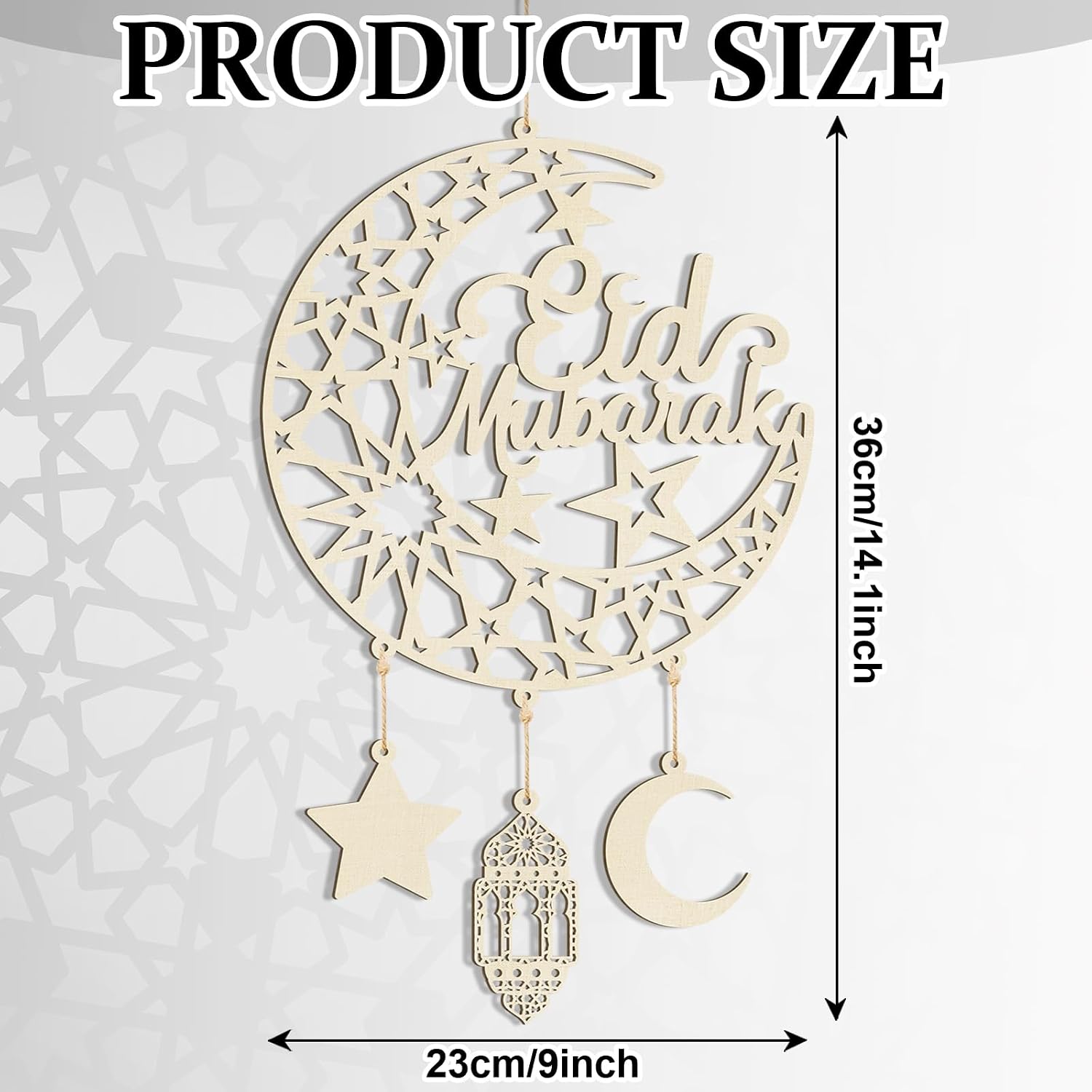 Hinsly 2 Pieces Eid Mubarak Door Sign Wooden Hanging Signs, Ramadan Kareem Hollow Ornament Decorations Moon and Stars, Moon Shape Ramadan Mubarak Party Wood Wall Hanger for Islamic Muslim Home Decor