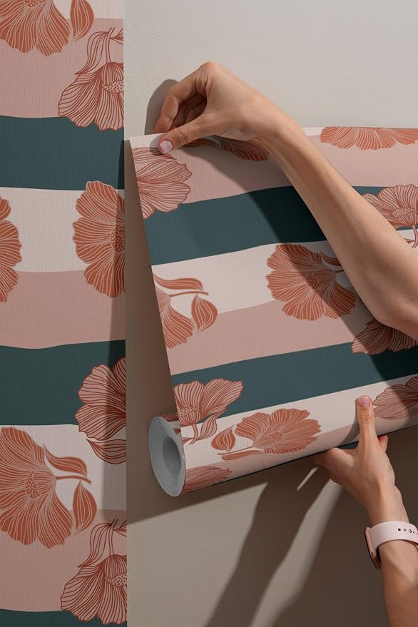 Abstract floral fabric wallpaper in a classic style, covering an area up to 4.2m x 3m, with adhesive and smoothing tool