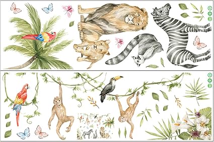 CutitiUU Large Animals Wall Stickers 2 Pcs Double Sided Window Decals PVC Jungle Animals Tree Lion Monkey Wall Art Decals for Bedroom Kids Room Playroom Home Decor