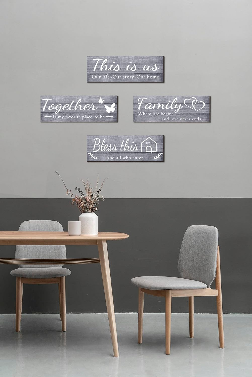 4 Pieces Home Wall Signs, THIS IS US/TOGETHER/BLESS THIS HOME/FAMILY Wall Decor For Living Room Bedroom, Rustic Wooden Farmhouse Wall Art, 4.7 x 13.8 Inch