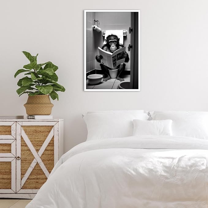KOEUIRW Funny Gorilla Bathroom Canvas Wall Art Cute Monkey In Toilet Posters Black and White Animal Prints Painting Maximalist Mid Century Modern Aesthetic Wall Decor for 16x24in Unframed