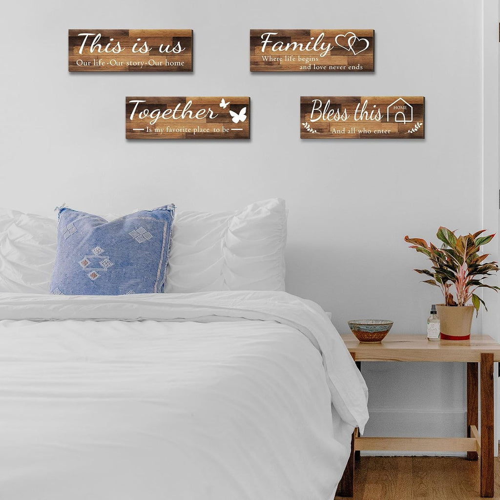 4 Pieces Home Wall Signs, THIS IS US/TOGETHER/BLESS THIS HOME/FAMILY Wall Decor For Living Room Bedroom, Rustic Wooden Farmhouse Wall Art, 4.7 x 13.8 Inch