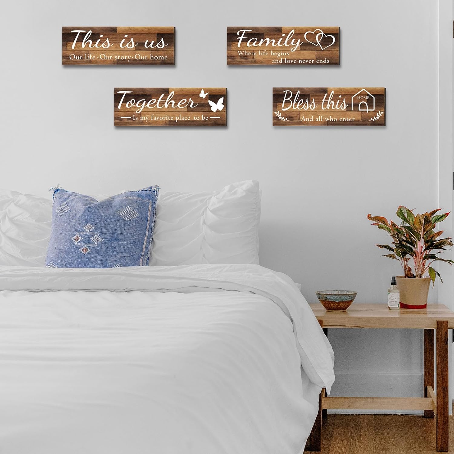 4 Pieces Home Wall Signs, THIS IS US/TOGETHER/BLESS THIS HOME/FAMILY Wall Decor For Living Room Bedroom, Rustic Wooden Farmhouse Wall Art, 4.7 x 13.8 Inch
