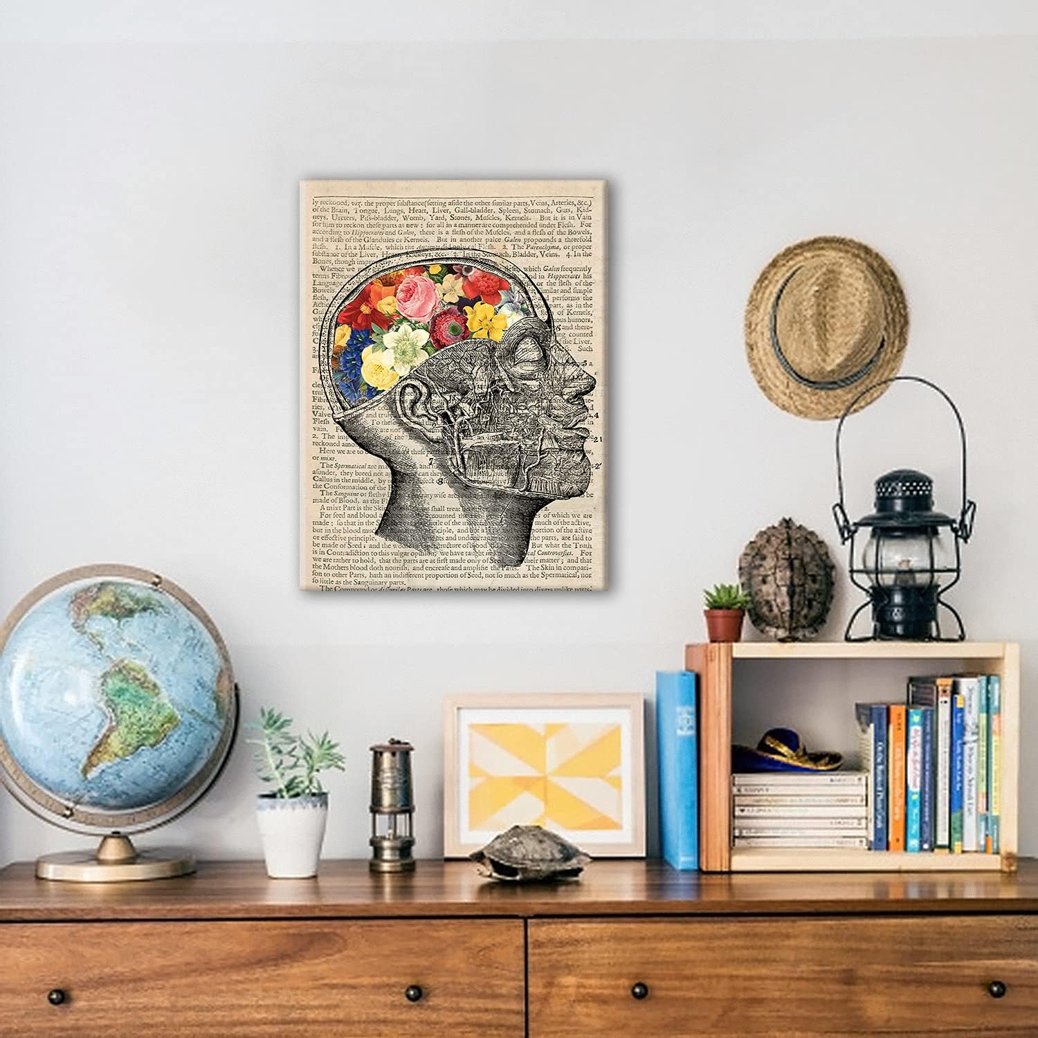 Vintage Human Anatomy Poster - Anatomy Canvas Wall Art Anatomical Brain Floral Canvas Print Painting Ready to Hang Gifts for Home/Office/Medical School Decor - Easel & Hanging Hook 12x15 Inch