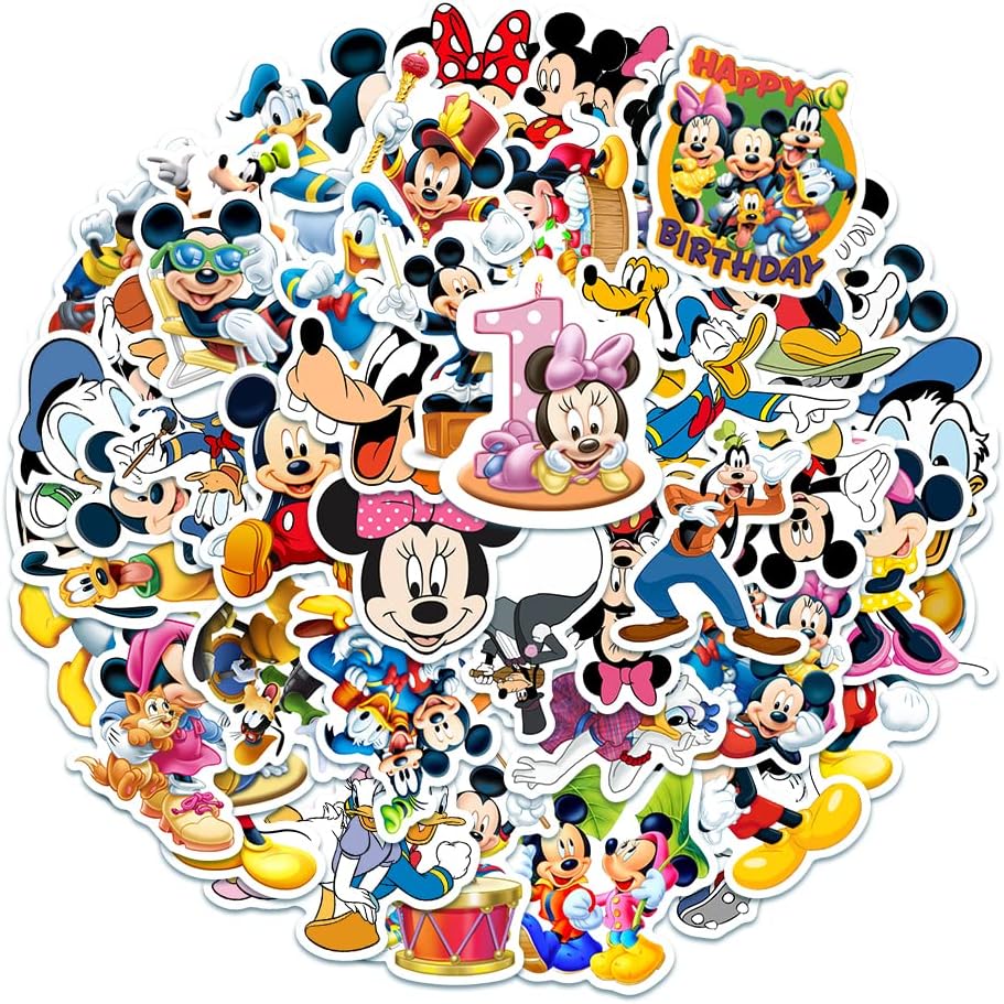 LONGYU 50Pcs Bulk Mickey Mouse Vinyl Stickers Waterproof Disney Mickey Minnie Stickers Graffiti Decals for Water Bottles Cars Motorcycle Skateboard Portable Luggages Phone Ipad Laptops