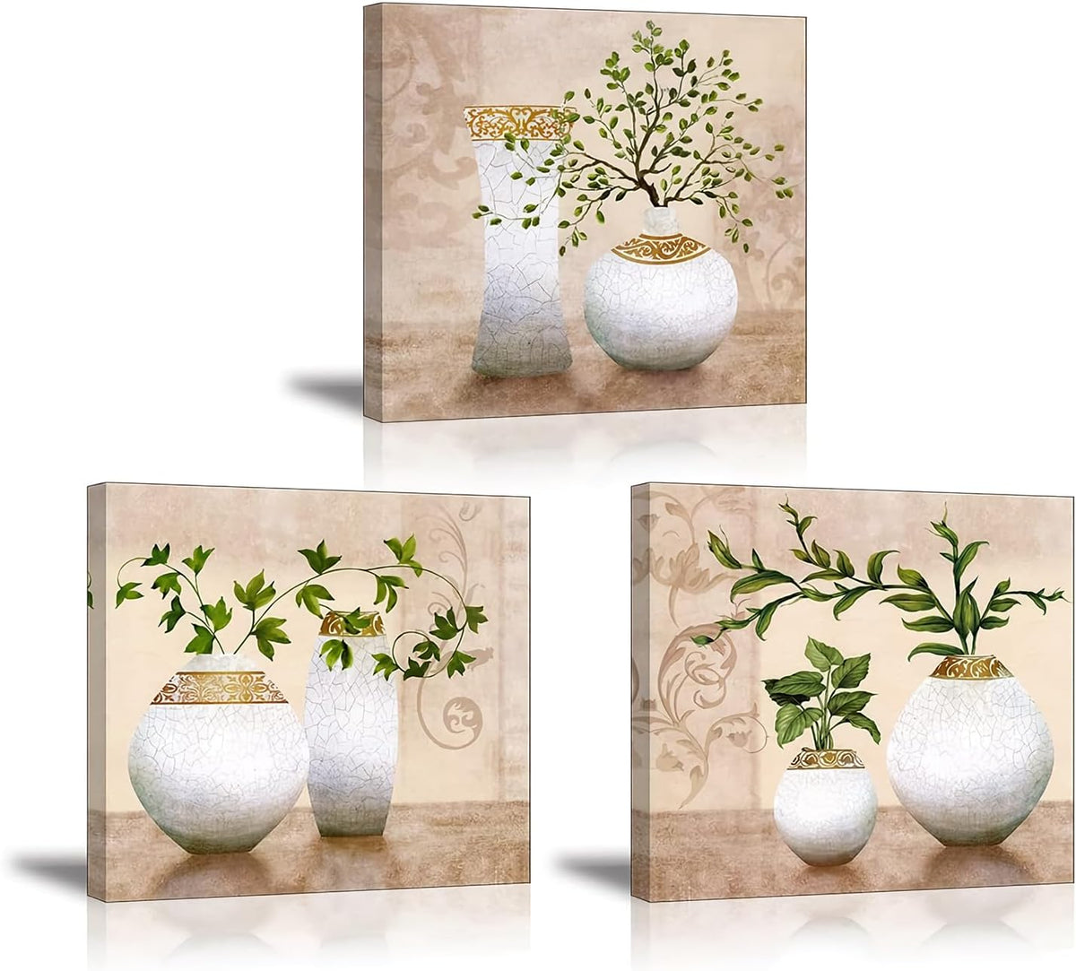 Piy Painting 3Pcs Elegant Green Plants in Vase Bottles Picture Painting Canvas Wall Art Waterproof Bracket Mounted in Real Wood Paintings Nice Gift for your Home Décor 12x12inch
