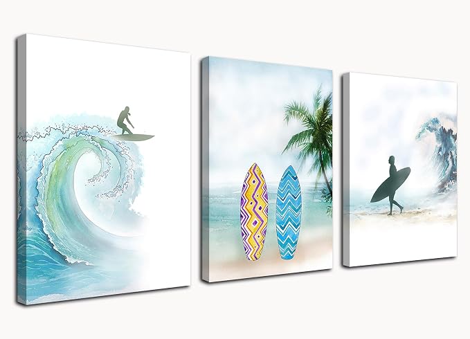 Enartly Surf Pictures Ocean Beach Wall Art Coastal Prints Seascape Canvas Vocation Modern Tropical Palm Tree Paintings Artwork Framed for Bathroom Living Room Bedroom Office Home Decor 12"x16"x3