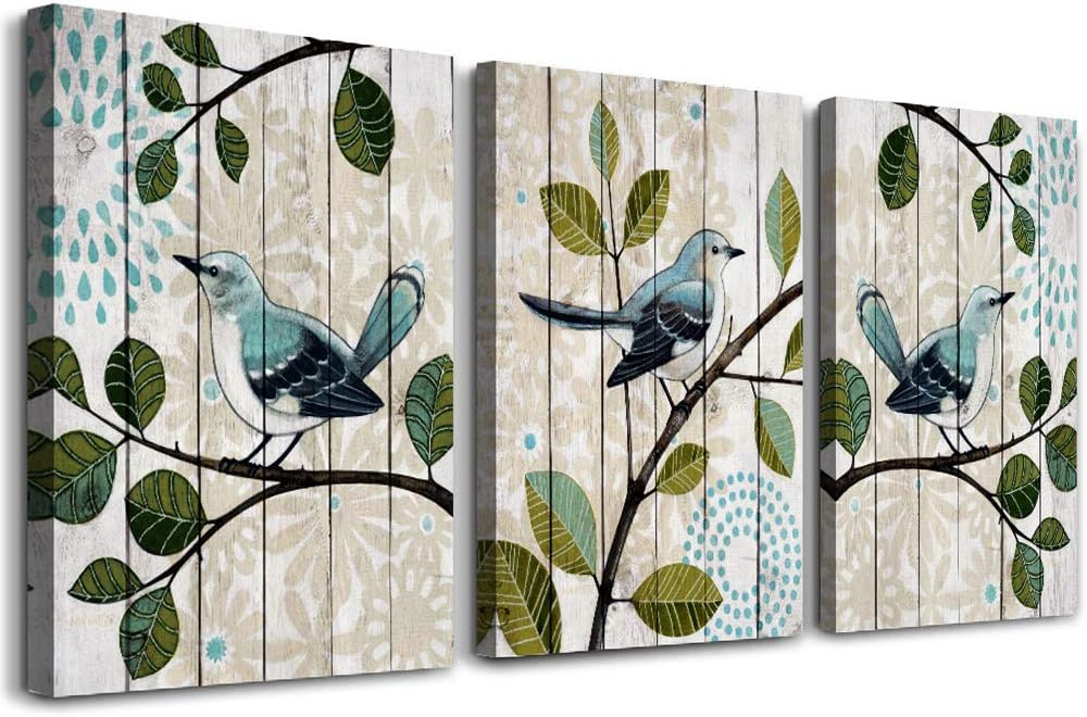 Flowers and birds 3 Pieces abstract Canvas Wall Art for living room Wall Decor for bedroom kitchen decorations Wood grain posters Canvas Prints artwork Modern framed bathroom Home decoration
