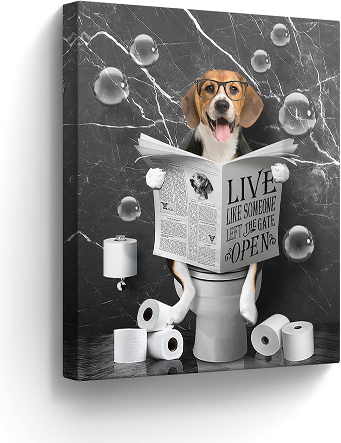 Kateflower Beagle Dog Sitting in Toilet Bathroom Decor Wall Art Funny Beagle Pictures Black and White Bathroom Wall Decor Farmhouse Dogs Painting for Toilet Bathroom Animals Artwork Framed 12"x16"