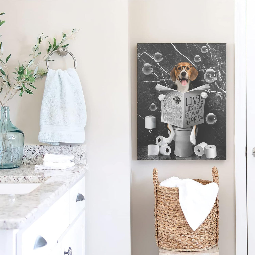 Kateflower Beagle Dog Sitting in Toilet Bathroom Decor Wall Art Funny Beagle Pictures Black and White Bathroom Wall Decor Farmhouse Dogs Painting for Toilet Bathroom Animals Artwork Framed 12"x16"