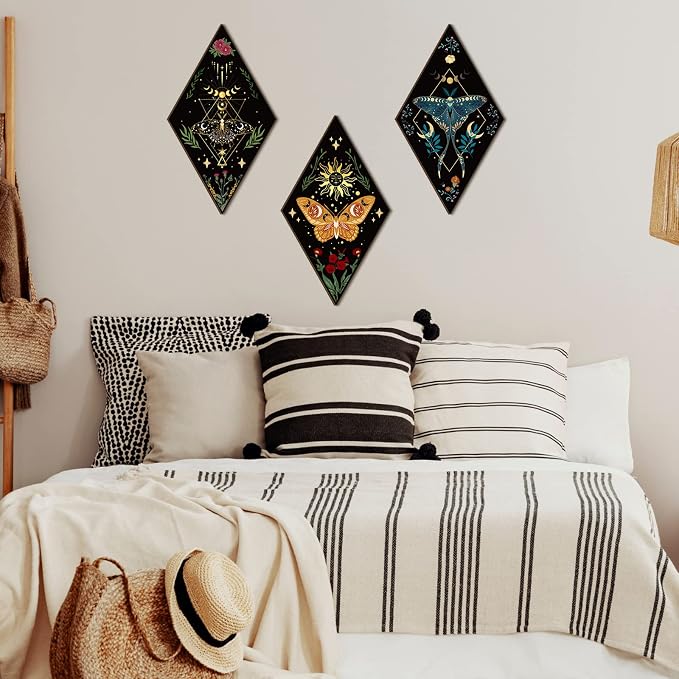Red Theme Abstract Boho Wall Art Decor Black and White 3 Pieces Stretched and Framed Canvas Painting Black Ink Geometry Wall Art for Living Room Home Office Bathroom Bedroom Wall Decor 12"x16"x3