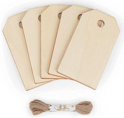 100 Pack Unfinished Wooden Gift Tags, Binswloo Wood Craft Tags with Hole and 10M Jute Twine for Crafting, Painting, Wedding Décor, Hanging Decorations