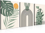 Boho Wall Art Set of 3 Mid Century Modern Wall Decor Abstract Geometric Prints Black Green Plant Sun Natural Framed Canvas Prints Artwork Ready To Hang for Living Room Bathroom Bedroom 12x16inch