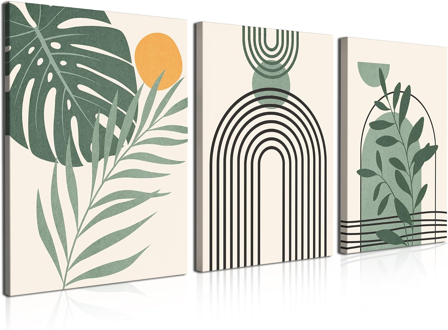 Boho Wall Art Set of 3 Mid Century Modern Wall Decor Abstract Geometric Prints Black Green Plant Sun Natural Framed Canvas Prints Artwork Ready To Hang for Living Room Bathroom Bedroom 12x16inch