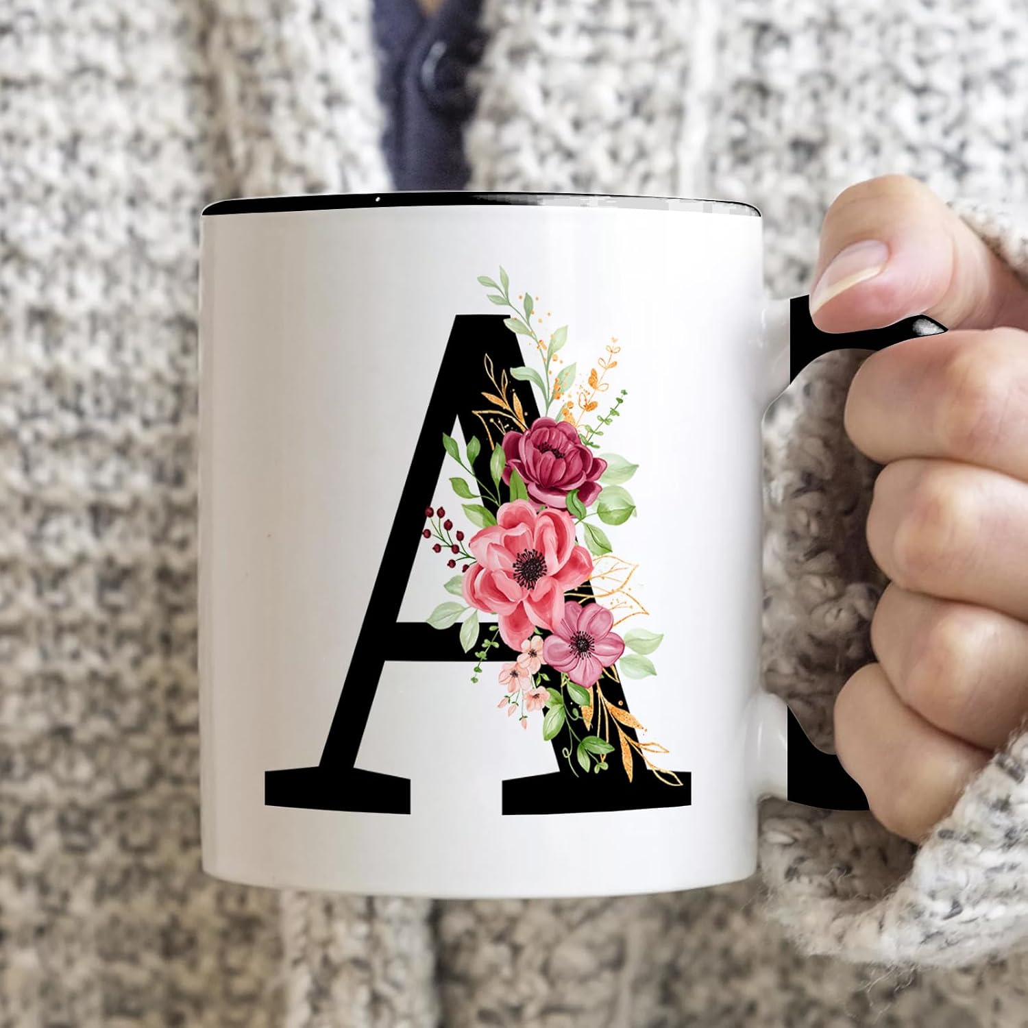 Tarklanda Personalized Initial Mug With Letter and Flowers - 350ML Porcelain Black Coffee Mug - Original Gifts for Women, Birthday and Christmas Presents (A)