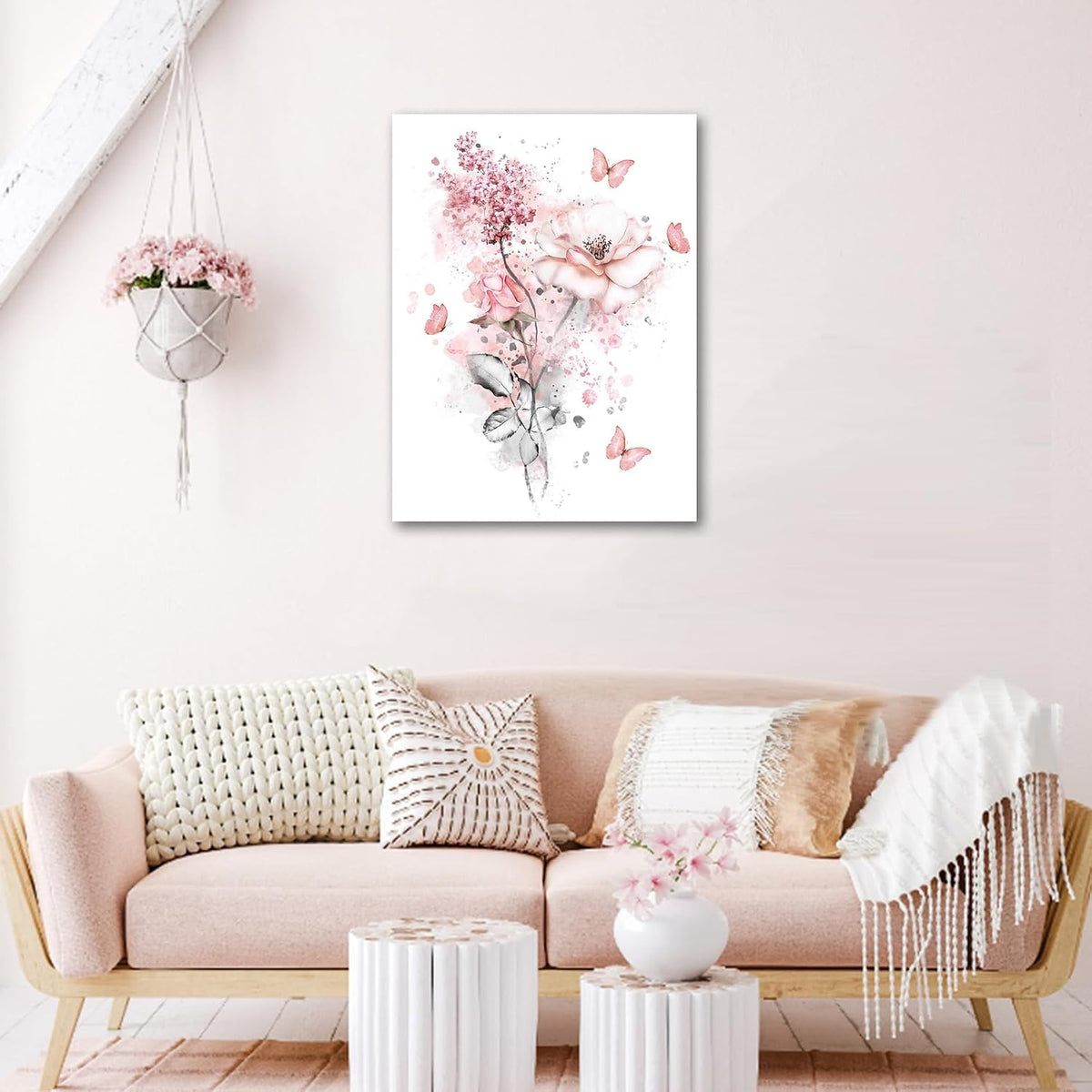 LB Pink Flower Wall Art Pink Butterfly Grey Leaf Canvas Wall Art for Bedroom Fantasy Floral Painting Wood Framed Prints Wall Decor for Living Room Bathroom,16x20 inches