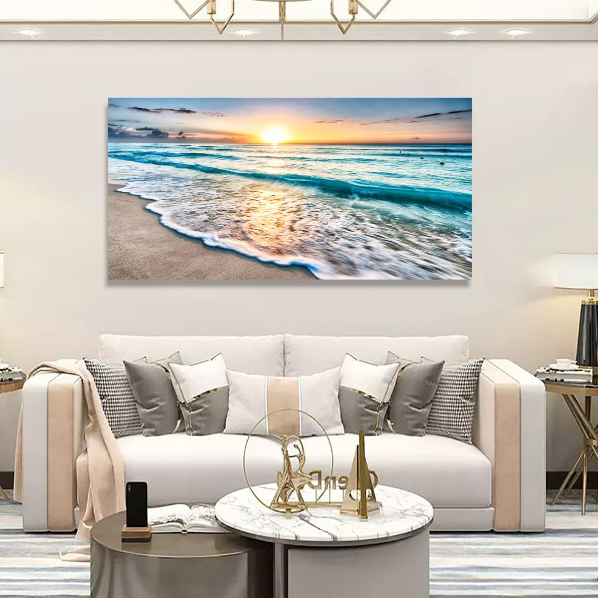 Beach Wall Art Canvas Prints Seascape Picture Framed House Decor Natural Landscape Poster Blue Ocean with White Waves Sunset Painting Artwork for Living Room Bathroom Kitchen Office Wall Decoration