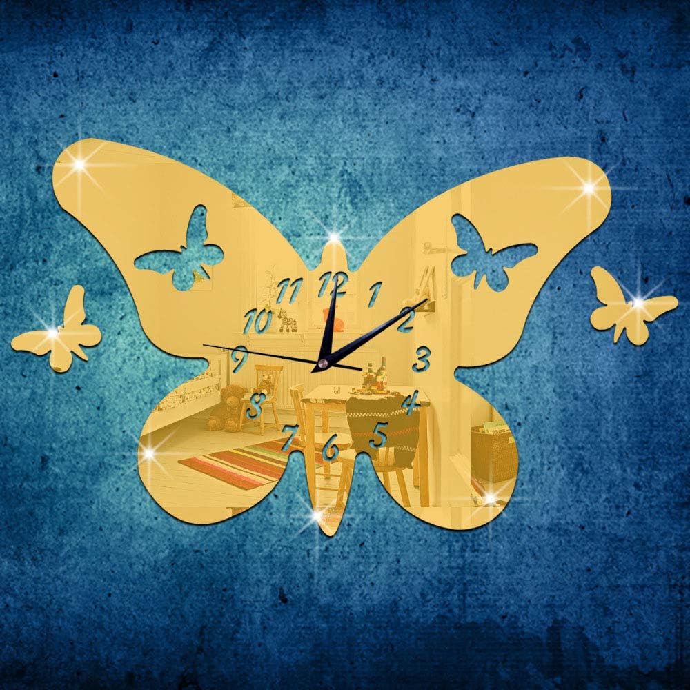 Peculiar Butterfly Shape Frame Creative Wall Clock Removable Mirror Stickers Watch Home living Room Bedroom Decor(Gold)