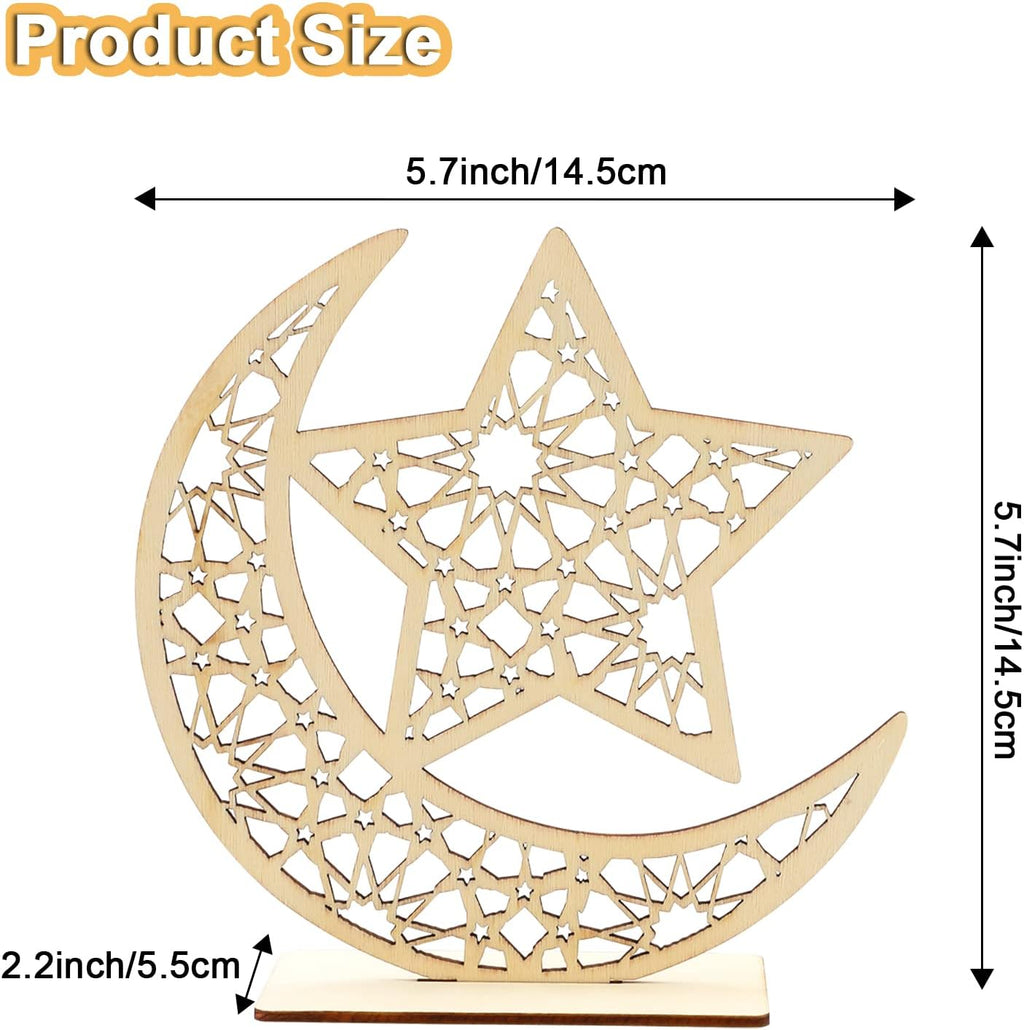HOWAF 2 Sets Eid Mubarak Wooden Ornament Ramadan Kareem Hollow Decoration Moon Star Hanging Pendant Happy Eid Wood Tabletop Decor for Home Ramadan Mubarak Eid Decorations
