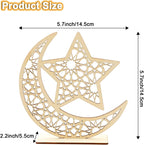 HOWAF 2 Sets Eid Mubarak Wooden Ornament Ramadan Kareem Hollow Decoration Moon Star Hanging Pendant Happy Eid Wood Tabletop Decor for Home Ramadan Mubarak Eid Decorations