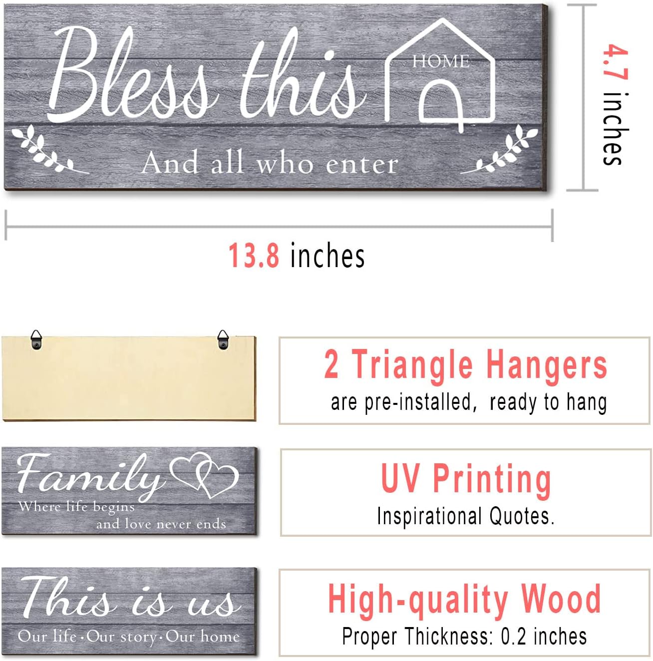 4 Pieces Home Wall Signs, THIS IS US/TOGETHER/BLESS THIS HOME/FAMILY Wall Decor For Living Room Bedroom, Rustic Wooden Farmhouse Wall Art, 4.7 x 13.8 Inch