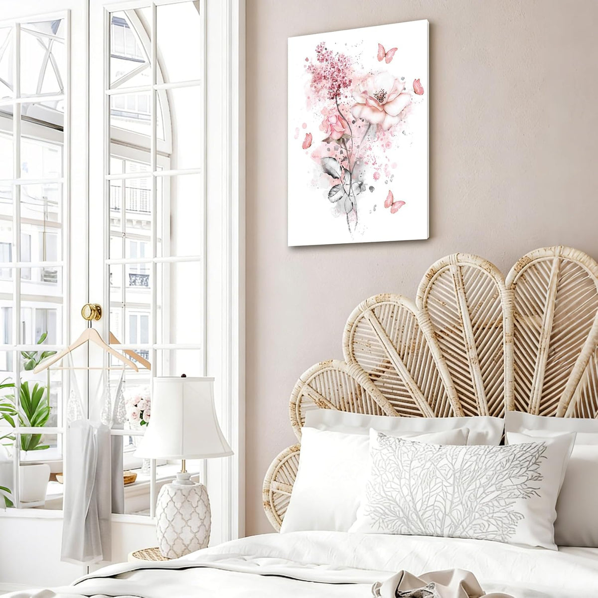 LB Pink Flower Wall Art Pink Butterfly Grey Leaf Canvas Wall Art for Bedroom Fantasy Floral Painting Wood Framed Prints Wall Decor for Living Room Bathroom,16x20 inches