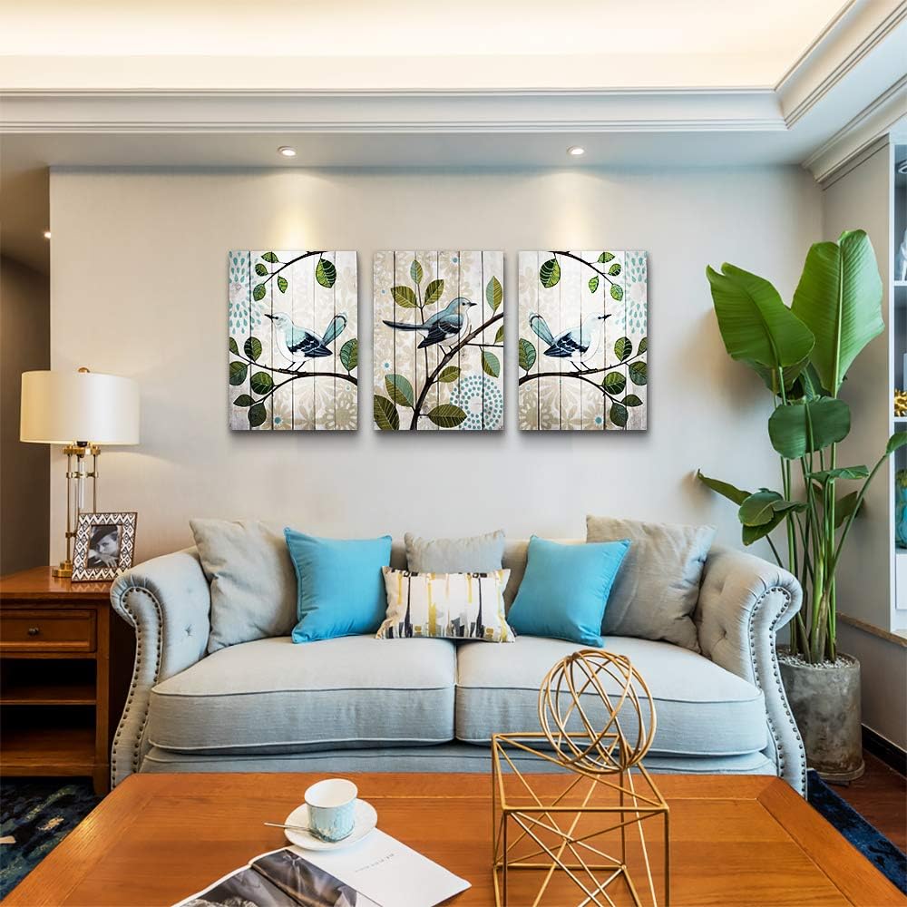 Flowers and birds 3 Pieces abstract Canvas Wall Art for living room Wall Decor for bedroom kitchen decorations Wood grain posters Canvas Prints artwork Modern framed bathroom Home decoration